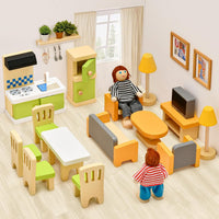 Toyssa 36-piece wooden dollhouse furniture set with kitchen, bedroom and 4 family dolls - view 2
