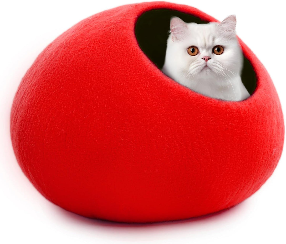 Woolygon Felt Cat Cave Bed, Merino Wool, Handcrafted – Essentials for Cats - Red Plain