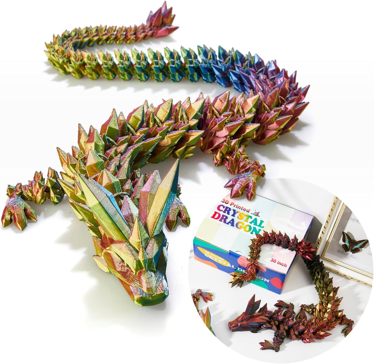24" Large 3D Printed Dragon - Gold Red Blue / 30 inch