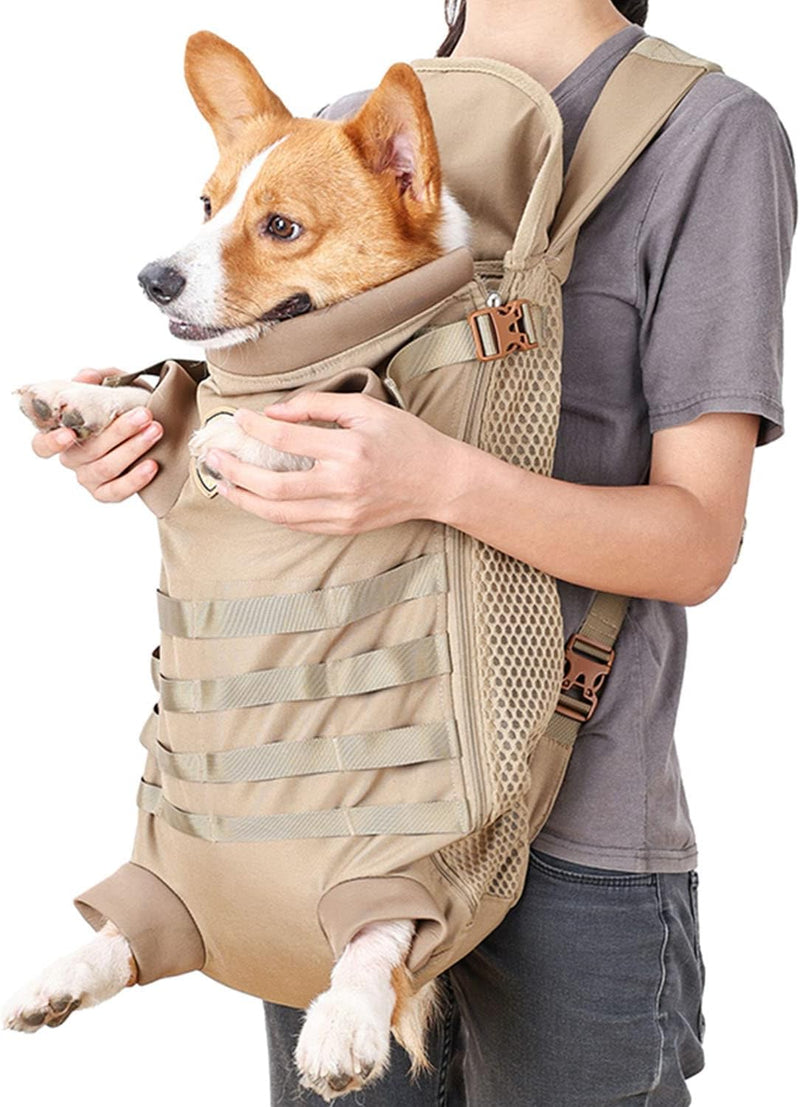 FLAdorepet Tactical Dog Backpack Carrier Front Back Bag for Medium - khaki / 28.0"L x 15.7"W x 5.0"H