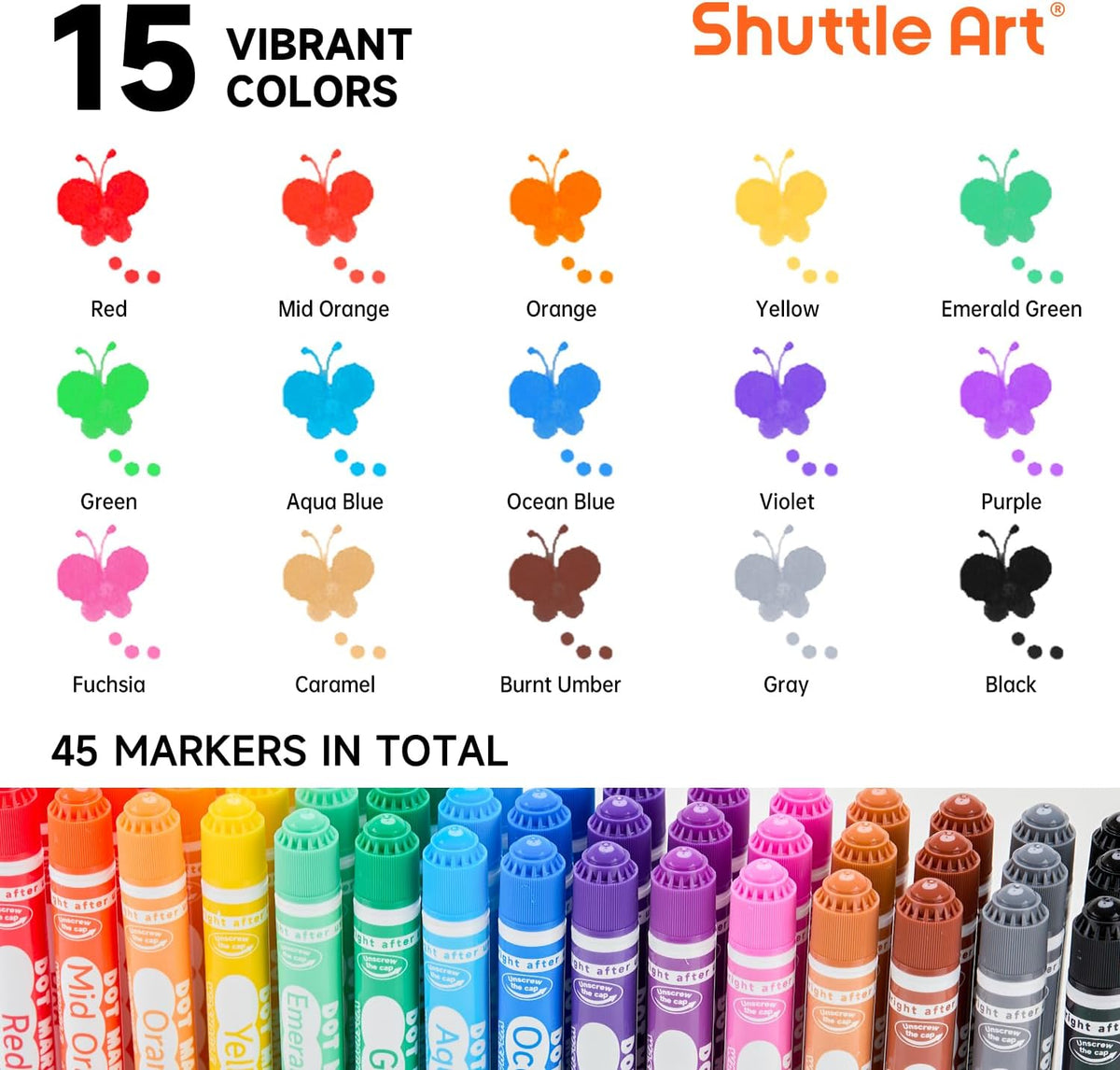 Shuttle Art Dot Markers, 15 Colors Washable Markers for Toddlers - 15 Colors / 45 - image 2