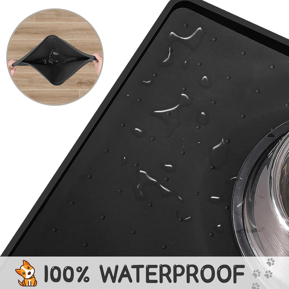 MateeyLife Silicone Cat & Dog Food Mat for Floors Waterproof - Black / 24"L x 16"W - image 4