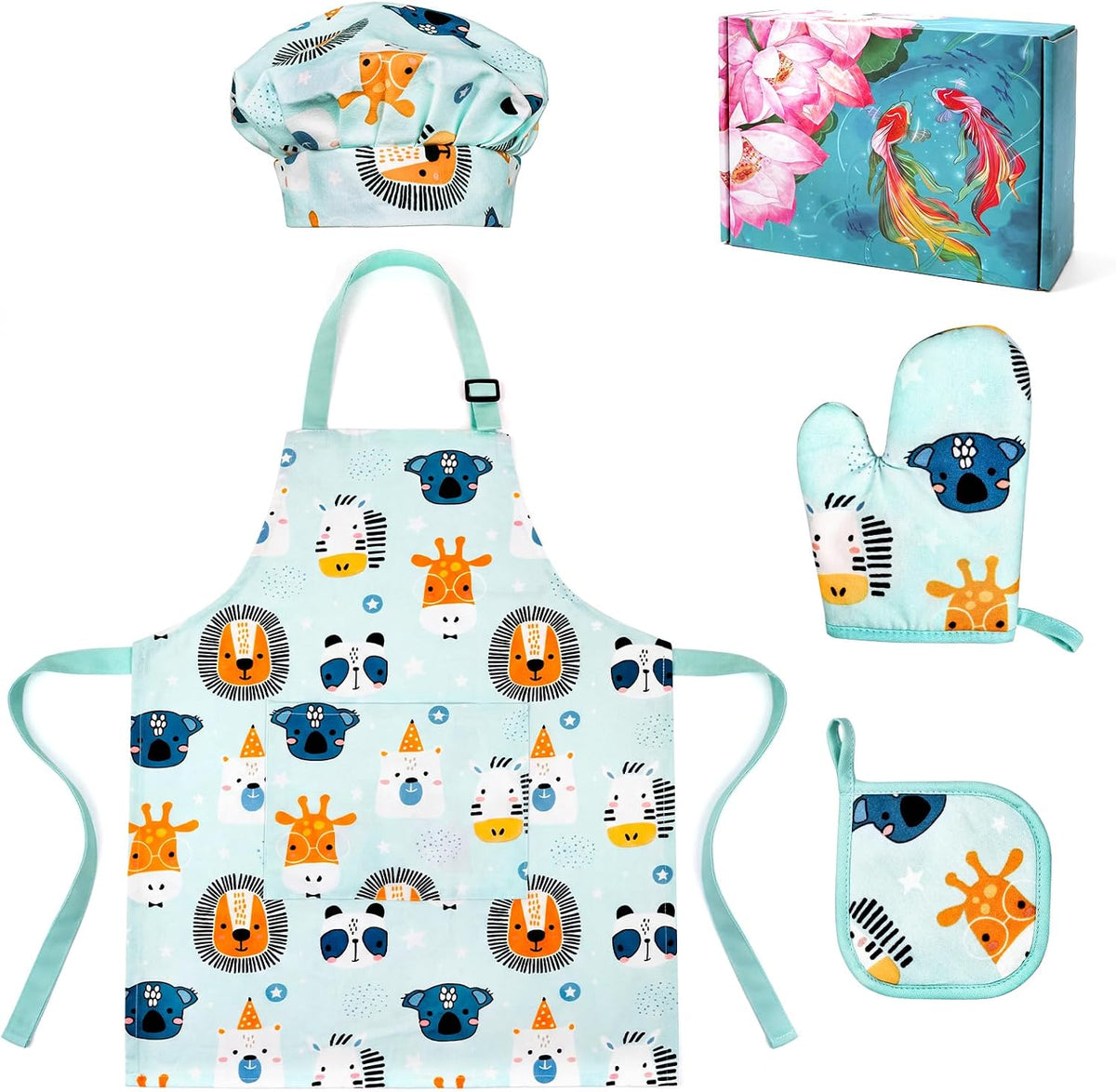 Kids Apron for Boys and Girls Aged 3-6 100% Cotton Blue WQHM – Fun for Kids & Family - Green 4-pack Apron Set