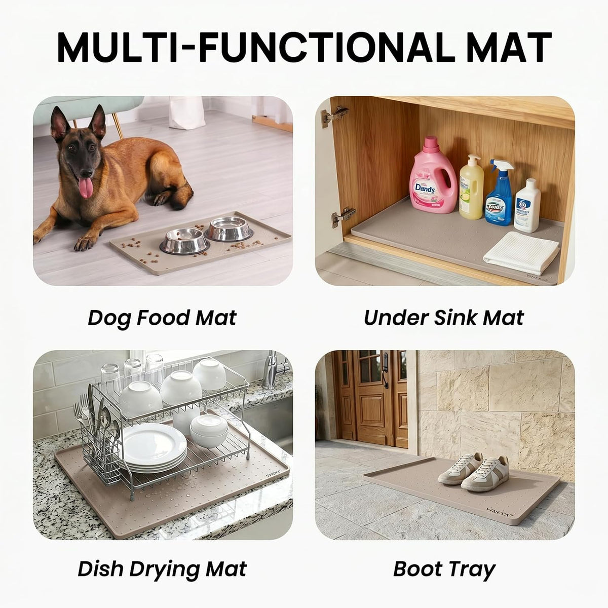 YINEYA 2 Pack Silicone Dog & Cat Food Mat Waterproof 18" x 12" - Taupe / 24" x 16" - image 4