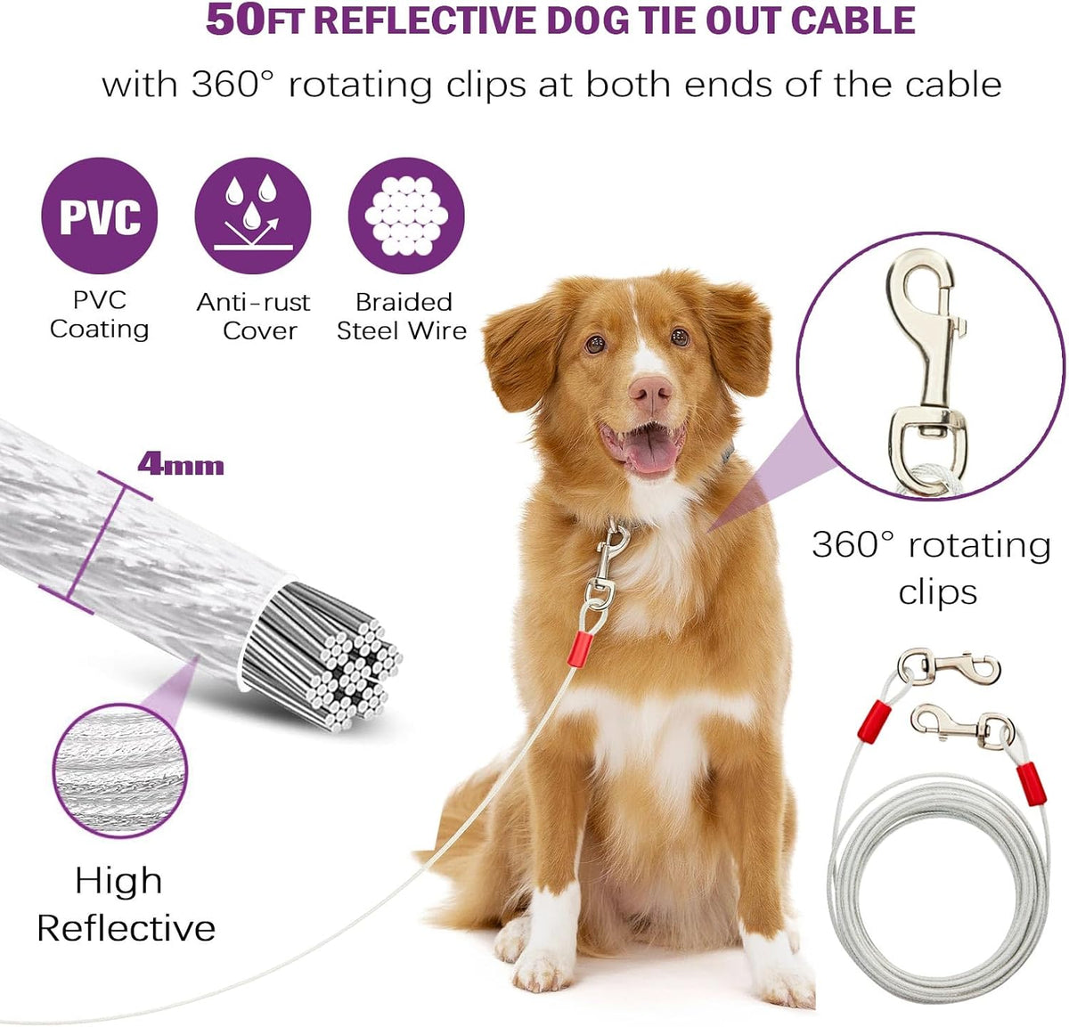 360° Swivel Dog Tie Out Stake Dog Anchor Heavy Duty Stainless Steel - Stake with 50 ft cable - image 3