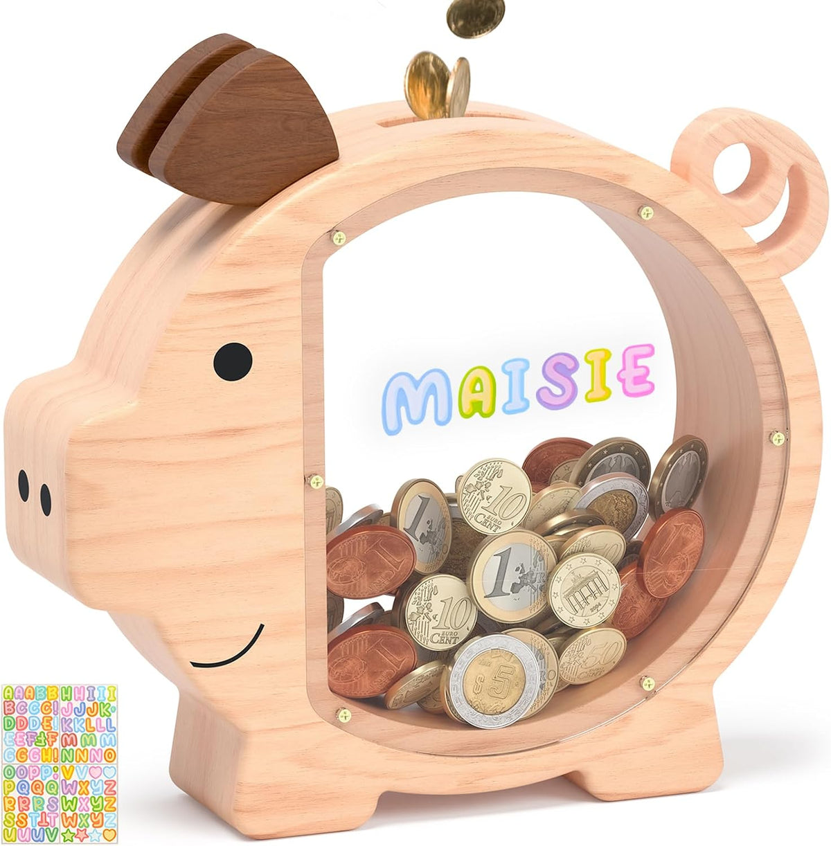 KMC wooden piggy bank for kids with clear acrylic front panel in pink