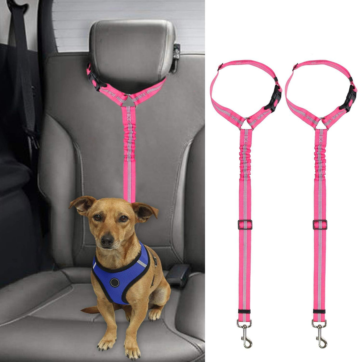2 Pack Dog Seat Belt for Car, Headrest Restraint Safety Leads – Essentials for Dogs - Pink / Elastic
