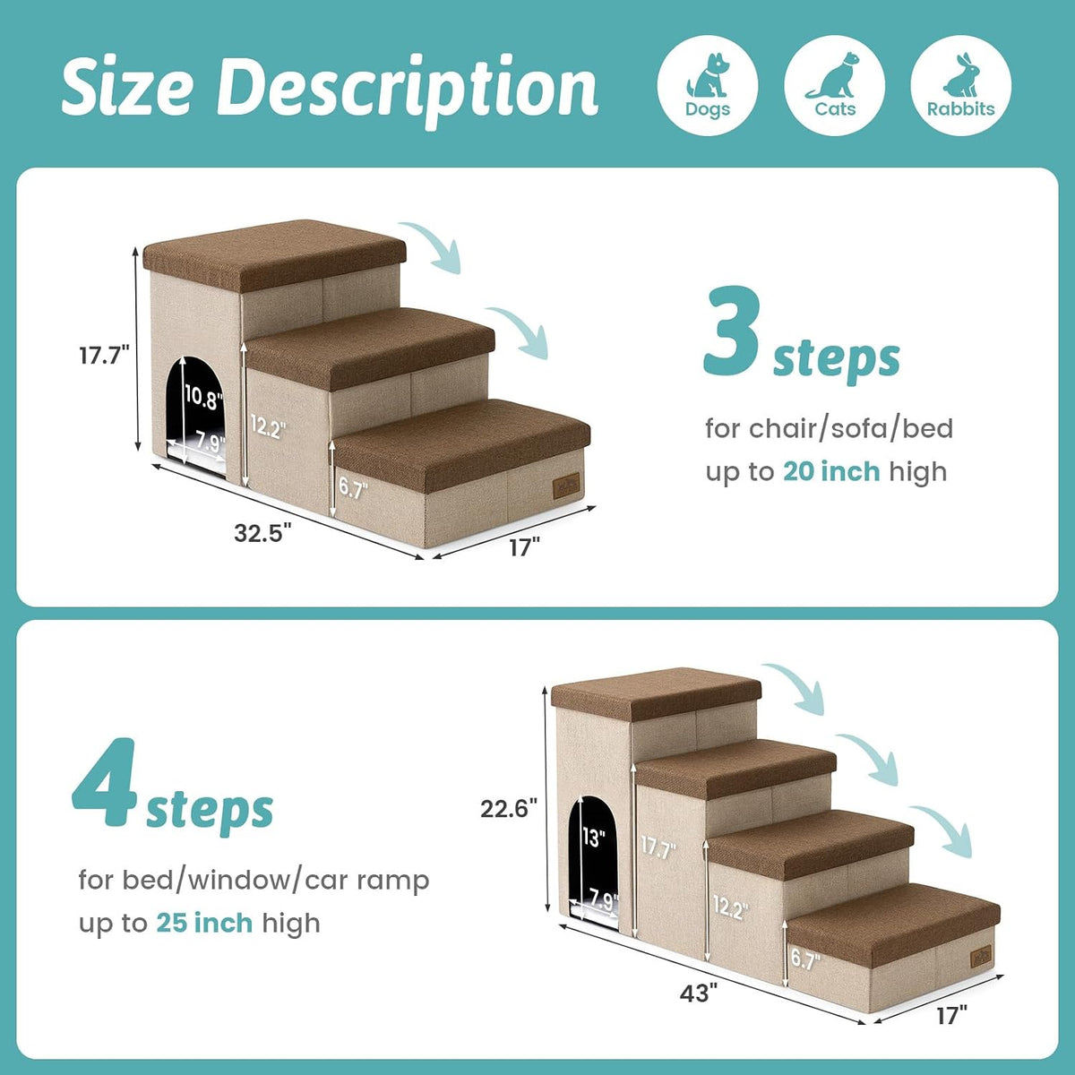 COZY KISS Dog Stairs with Storage, 16.7" H Wider Dog Steps - Brown / 3 / 32.5x17x17.7 inch - image 3