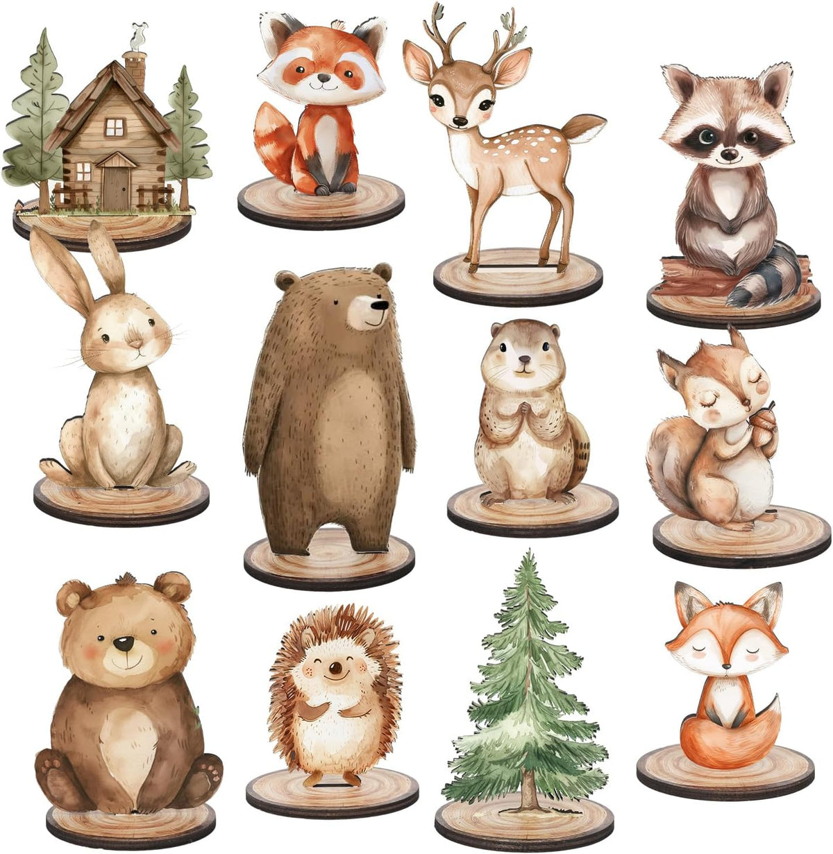 FYSUIMU woodland animal table centerpieces, 12 painted wooden signs standing in matching bases - view 2