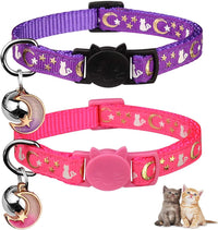 Baeuppit 2PCS Breakaway Cat Collars with Bell Moons Stars Cute Kitty - Neck 7.9-13.0 in / Purple&Pink