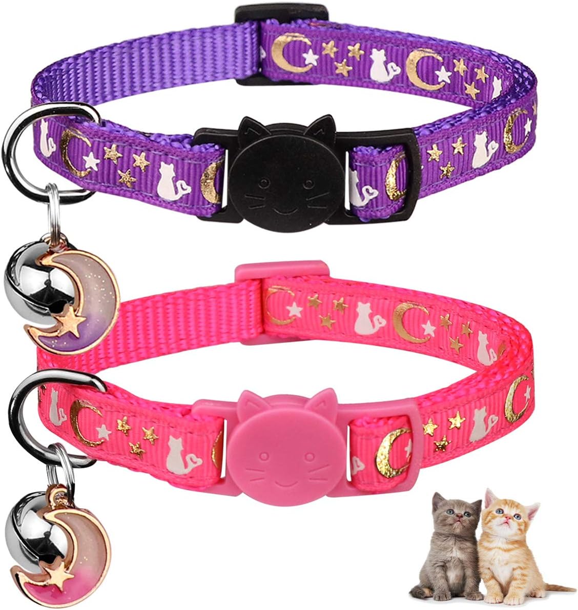 Baeuppit 2PCS Breakaway Cat Collars with Bell Moons Stars Cute Kitty - Neck 7.9-13.0 in / Purple&Pink
