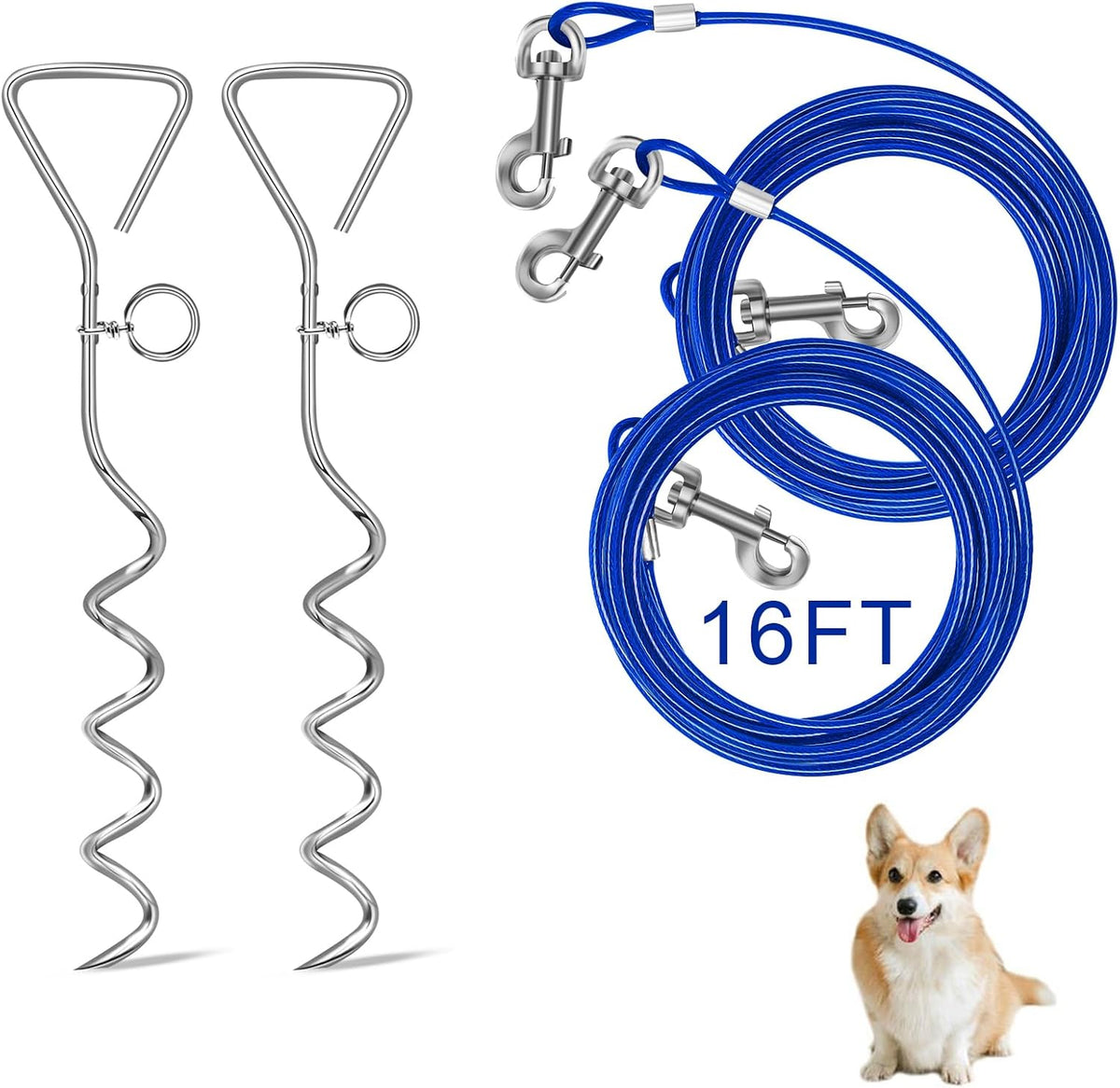 Relux Dog Tie Out Cable and Stake, Running, Hiking, Camping - Blue-16FT 2Pack