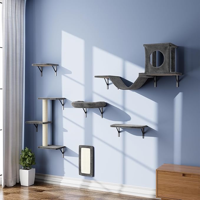 NUNU LAB Wall Mounted Cat Furniture, 6 Pcs Cat Wall Shelves with Condo House, Bridge, Steps, Scratcher, Hammock, Indoor Safe & Stable Furniture for Kittens Play, Dark Gray