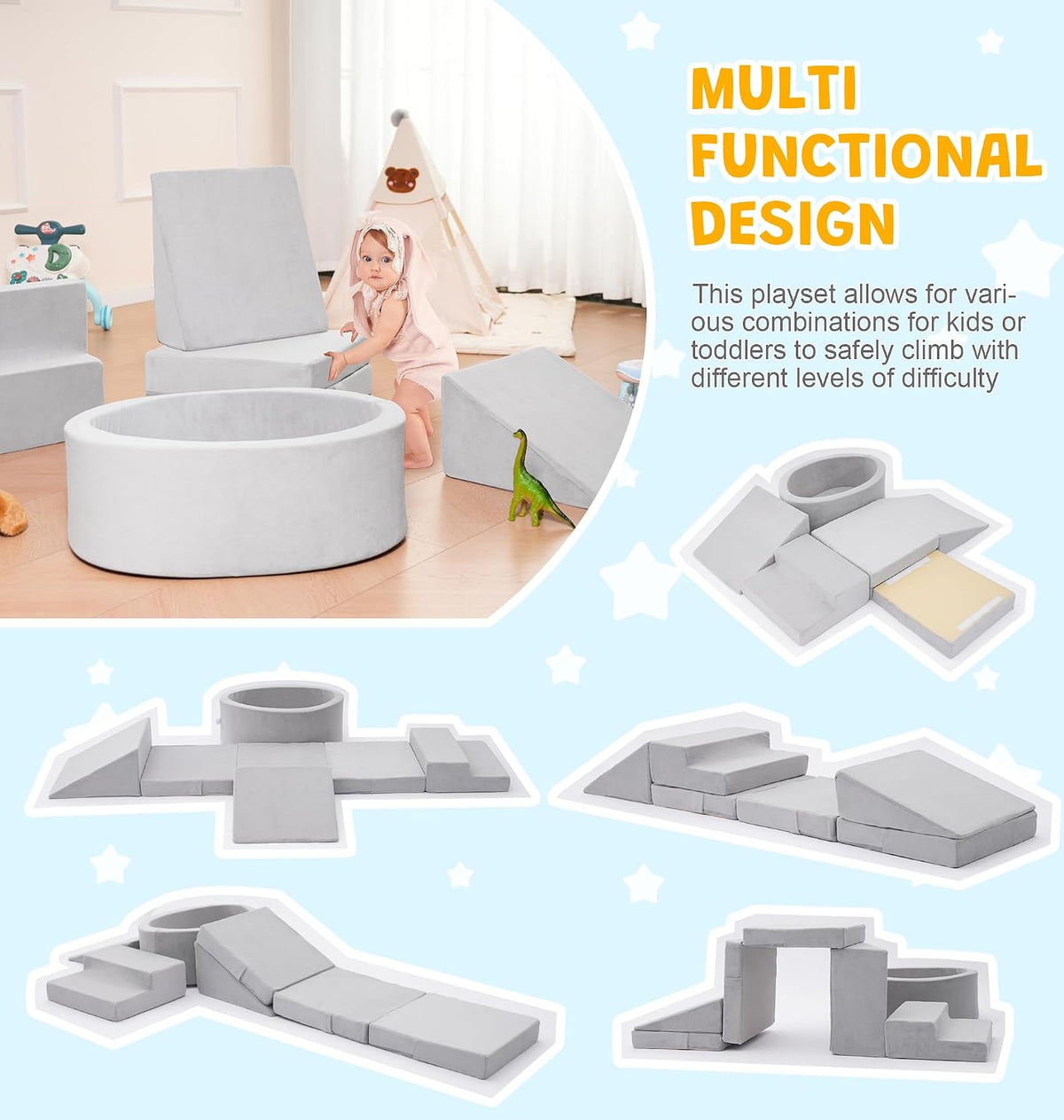 Elftopia foam climbing set with ball pit, stairs and ramps for toddlers in grey - view 14