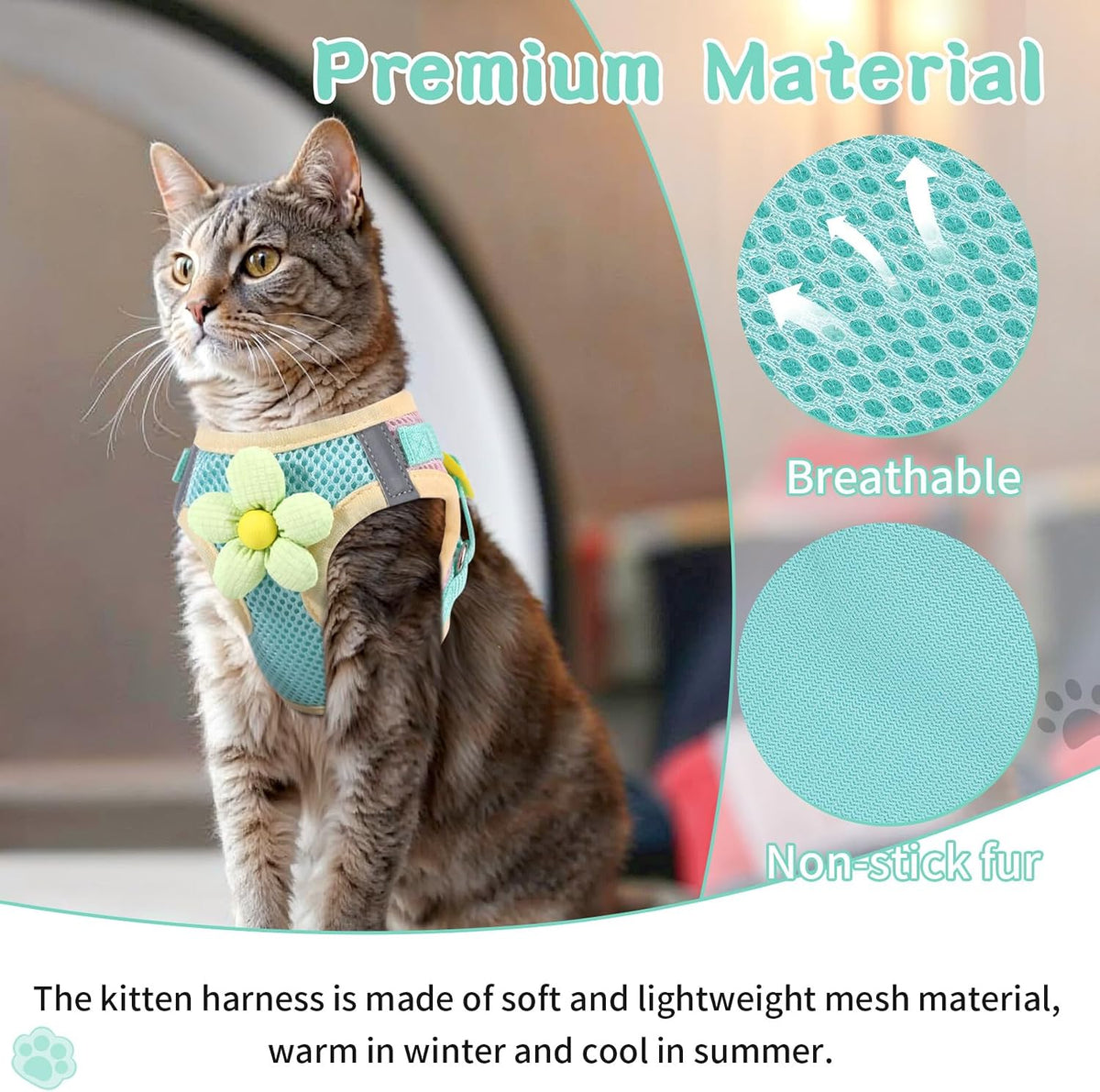 Cat Harness and Leash Set, Escape Proof Soft Vest Walk Pink XS – Essentials for Cats - Turquoise green / Small - image 4