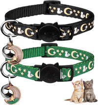 Baeuppit 2PCS Breakaway Cat Collars with Bell Moons Stars Cute Kitty - Neck 6.9-10.7 in / Deep Green&Black