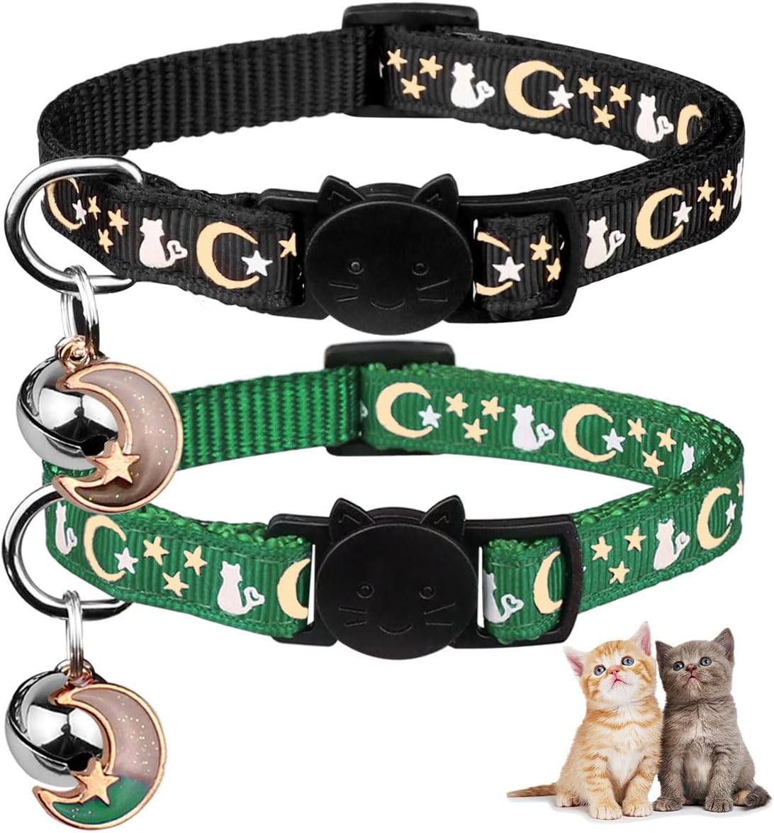 Baeuppit 2PCS Breakaway Cat Collars with Bell Moons Stars Cute Kitty - Neck 6.9-10.7 in / Deep Green&Black