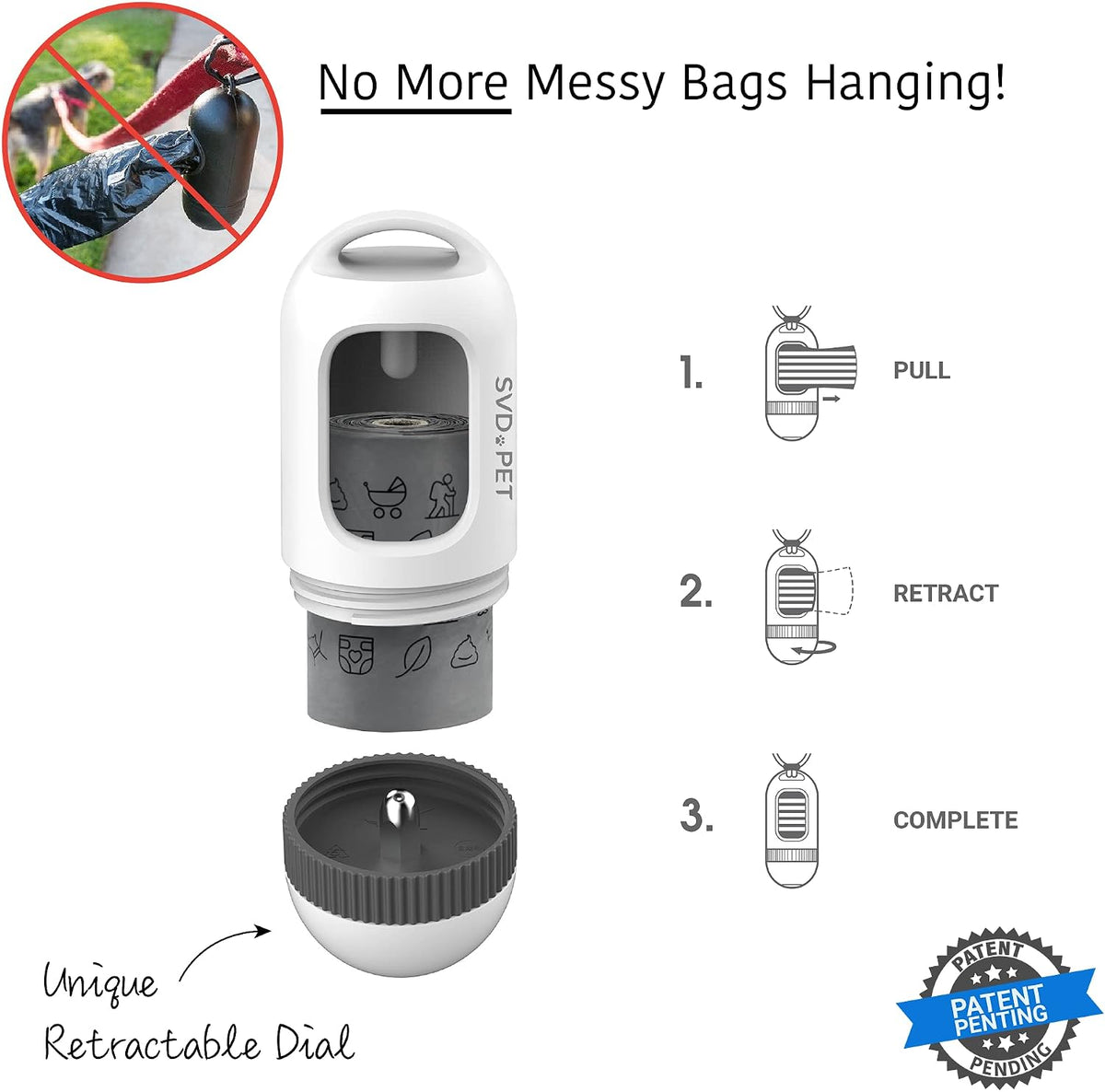 SVD.PET Dog Poop Bag Dispenser, Waste Bag Retractable, Black – Essentials for Dogs - 1-Pack -Pearl White - image 2