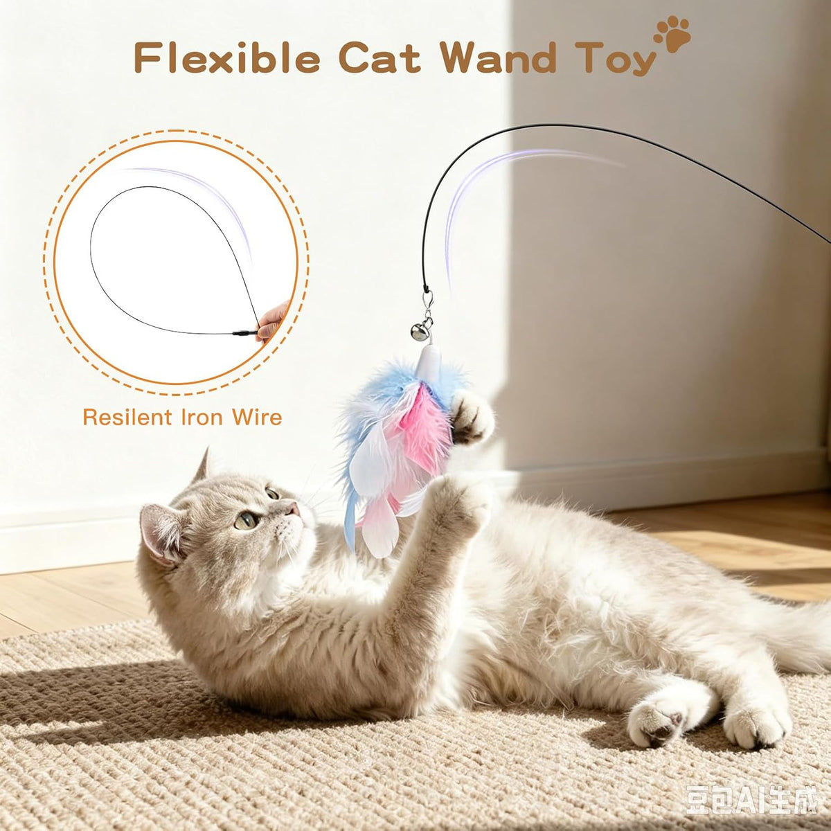 Pawaboo Cat Feather Wand Interactive Toy - Z-Brightly Colored - image 2