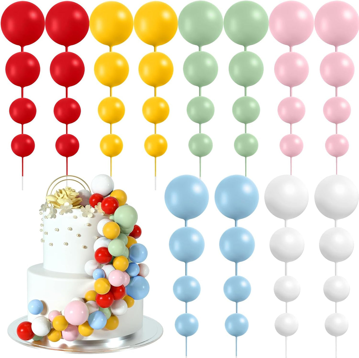48 Pcs Balls Cake Topper Decorations Balloon Cupcake Toppers Foam - Red,yellow,green,pink,blue,white
