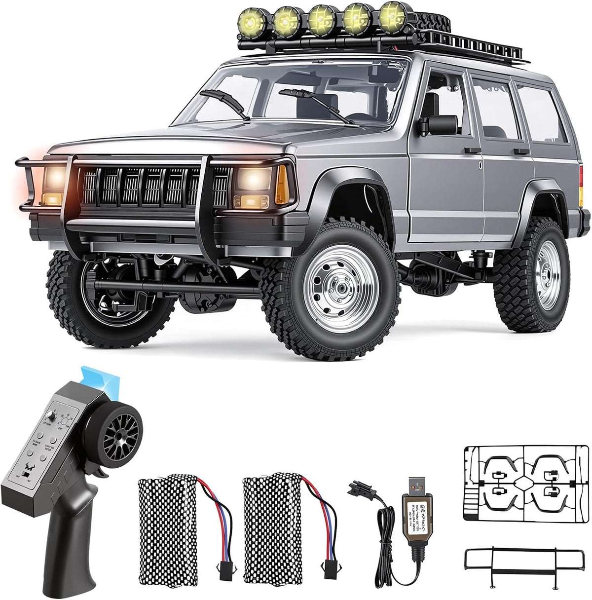 Goolsky silver 1:12 scale RC rock crawler with LED lights on rocky ground - view 2