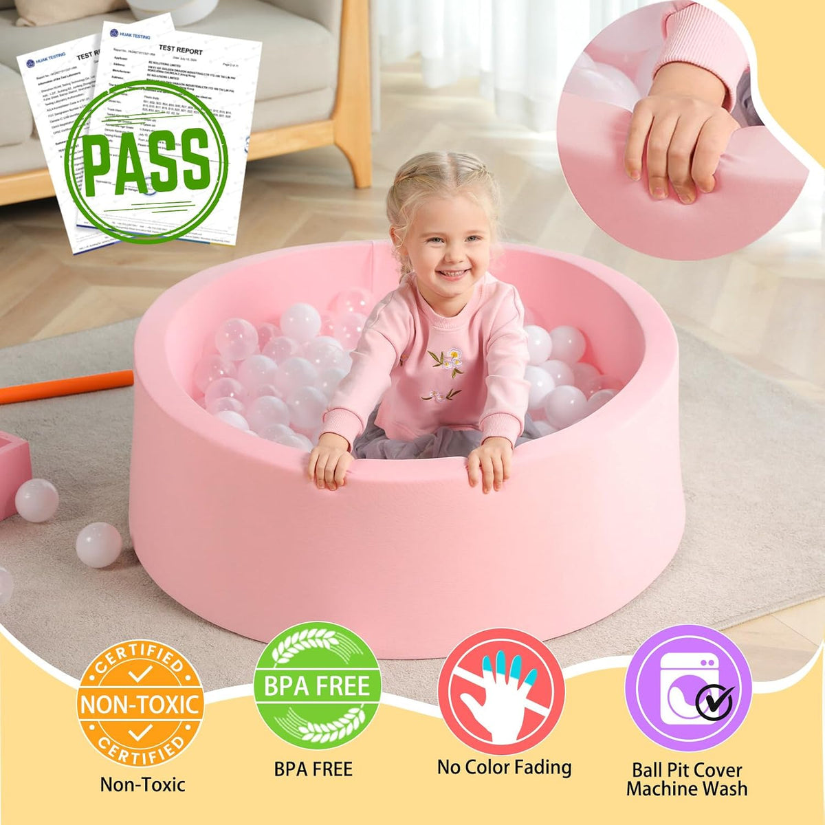 TRENDBOX Foam Ball Pit, 36" x 12" Indoor Soft Ball Pool for Kid，Light Grey – Fun for Kids & Family - Light Pink / 90CM - image 2