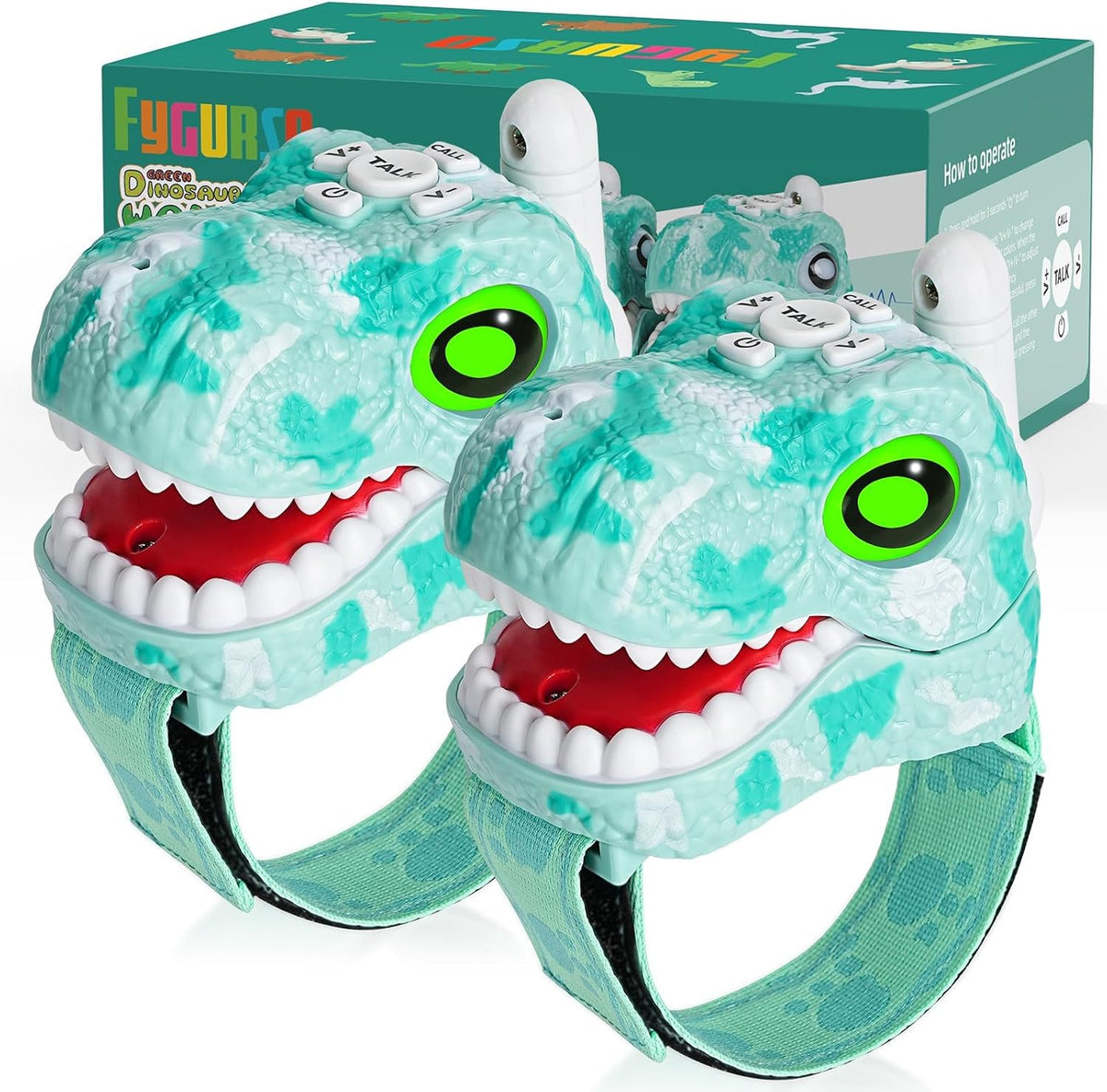 Fygurso kids walkie talkies, 2-pack green dinosaur design with adjustable wristbands