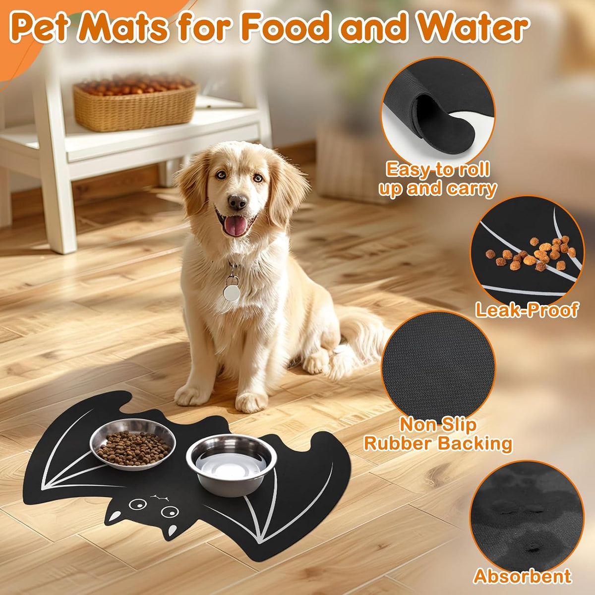 Pet Mats for Food and Water Dog Cat Food Mats Pet Feeding Mat - Bat - image 4
