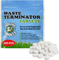 Waste Terminator 100 count dog waste digester tablets in a resealable zip lock bag