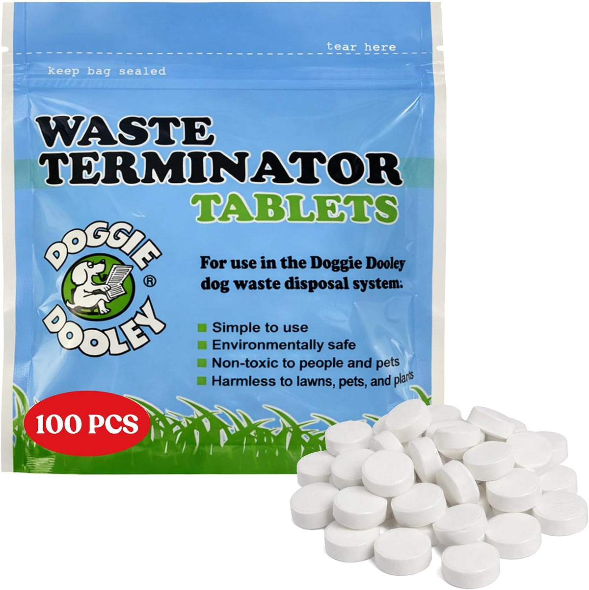 Waste Terminator 100 count dog waste digester tablets in a resealable zip lock bag