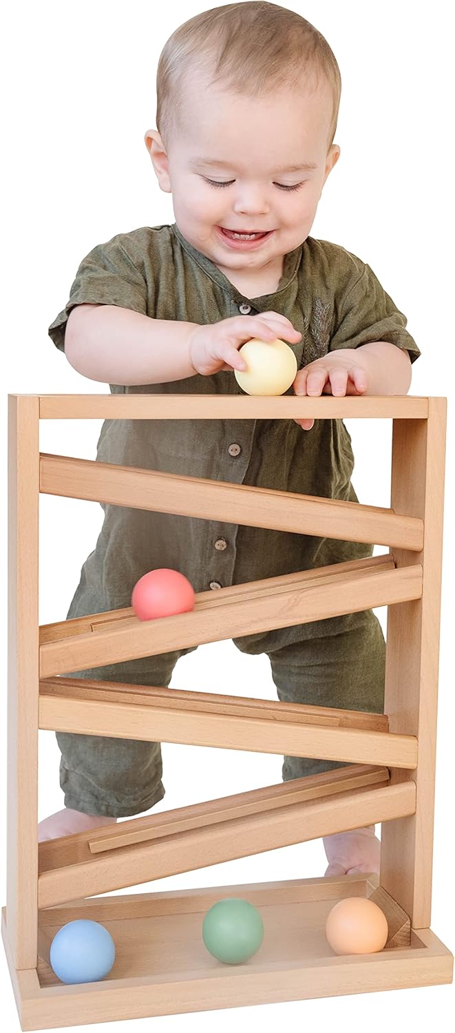 Montessori & Me wooden ball tracker with open zigzag rails and balls