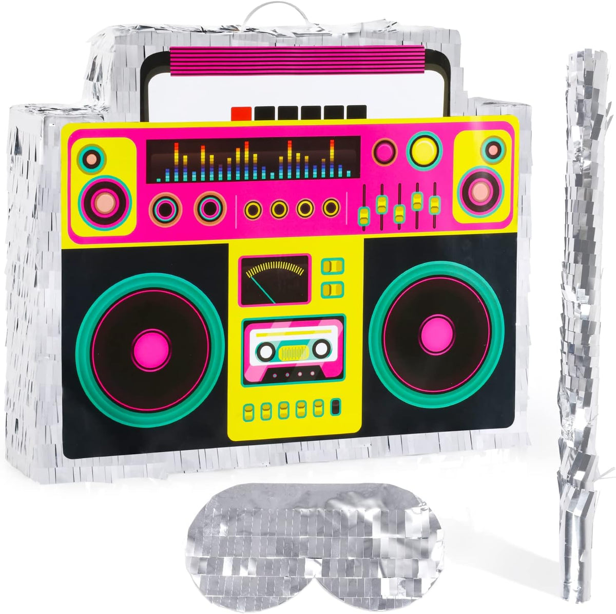 Waenerec boombox pinata with stick and blindfold, colorful radio shape with sequins - view 7