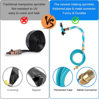 TINPOO blue trampoline sprinkler with three rotating arms spraying water over a backyard trampoline - view 3