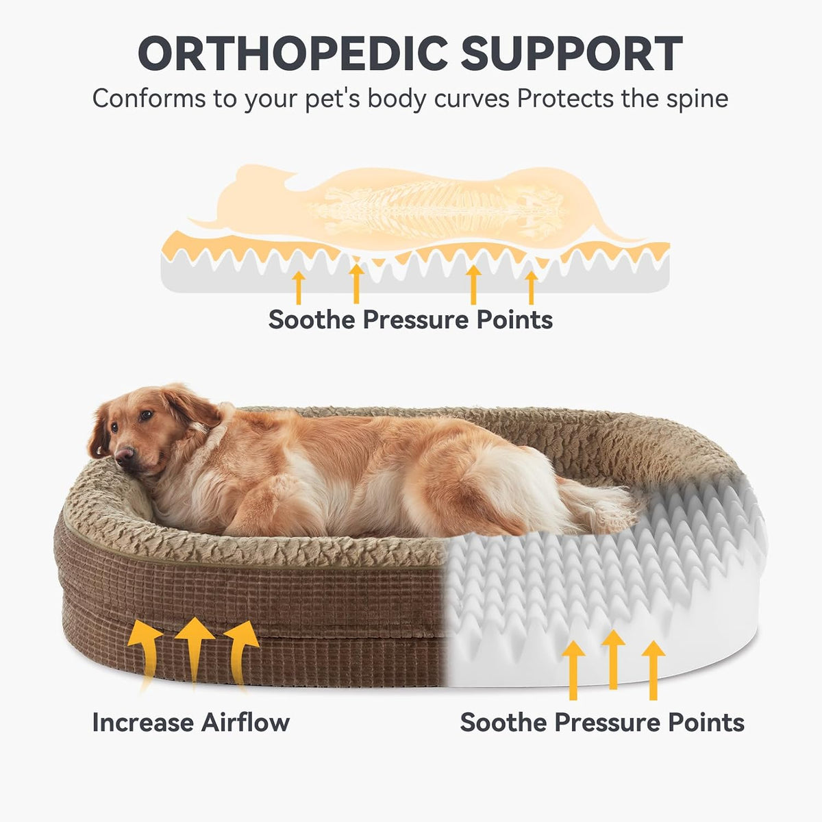 JOEJOY XL Orthopedic Dog Bed for Large Dogs, 360° Oval Bolster - Brown / 48"l X 35"w X 7.5"th