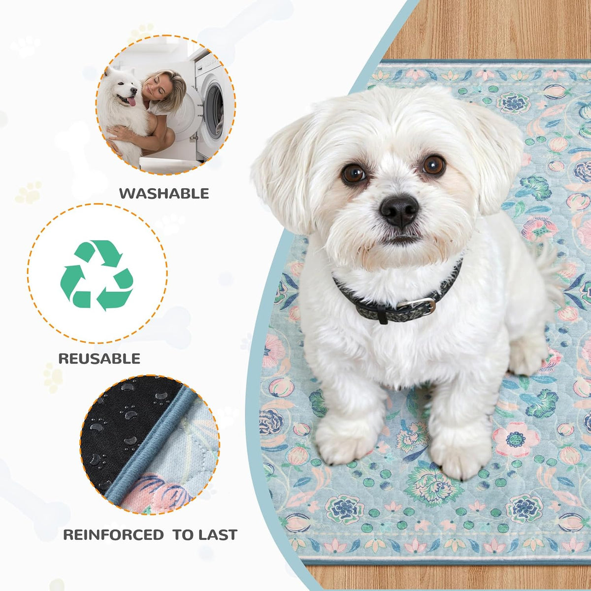Lahome Botanical Washable Reusable Pee Pads for Dogs, 36x48 - Blue-01 / 3FT x 4FT (Pack of 2) - image 4