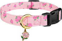 Cotton Dog Collar White and Pink Love Heart with Pendant Cute Dog - Pink Rose / S