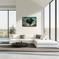 Large Bison Buffalo Wall Art for Living Room, Framed Oversized Bull Wall Decor, Abstract Teal and Golden Canvas Painting Modern Artwork for Living Room Bedroom Office Dining Room 36"x24"