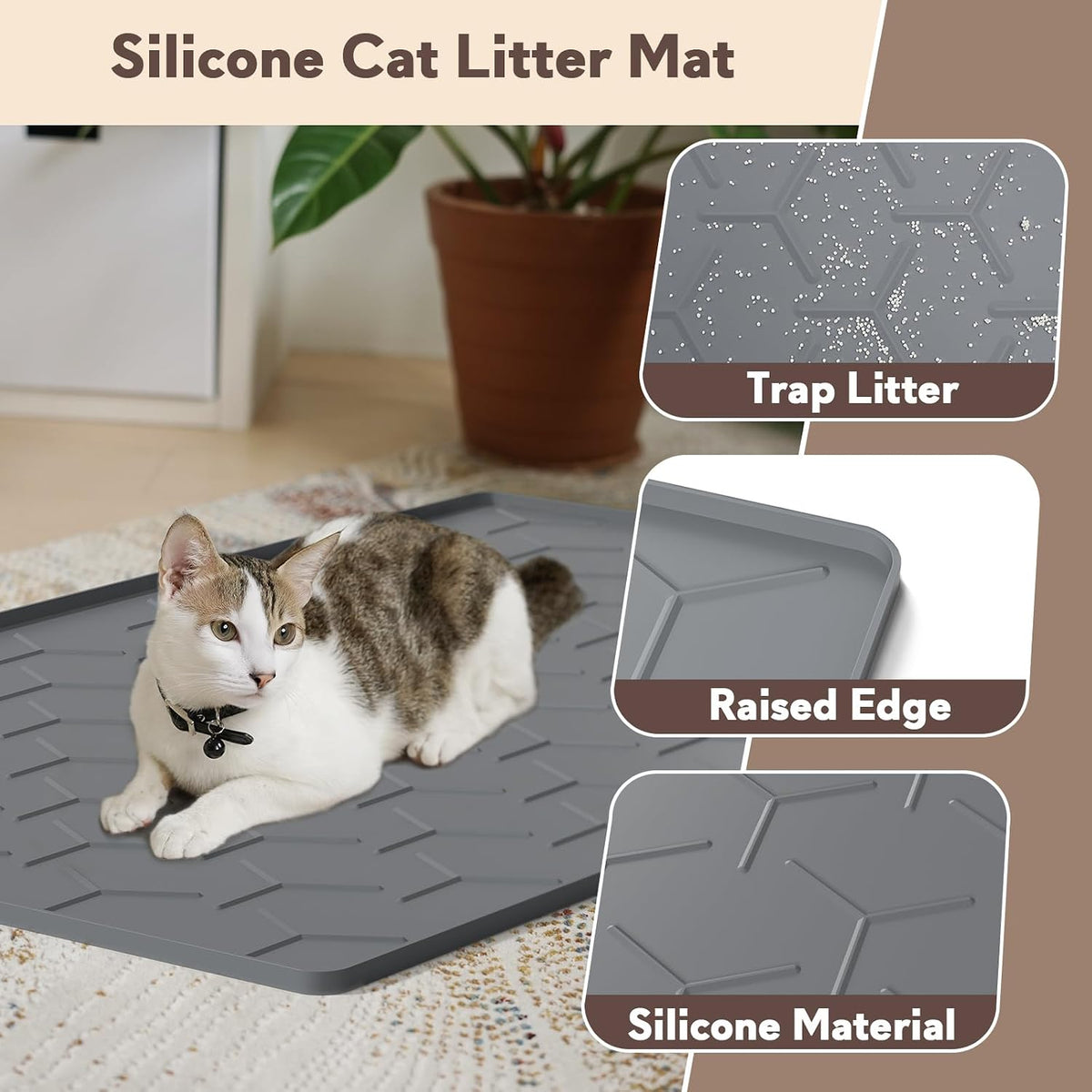 Silicone Cat Litter Mat 34×22 inch, Easy to Clean, Gray – Daily Care for Cats - 34" X 22" / Dark Gray - image 2
