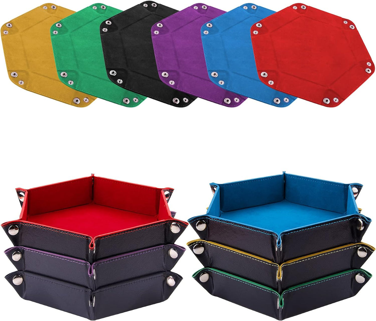 SIQUK 6 Pieces Dice Tray Hexagon Dice Rolling Holder Folding PU - Red, Blue, Violet, Black, Green, Yellow