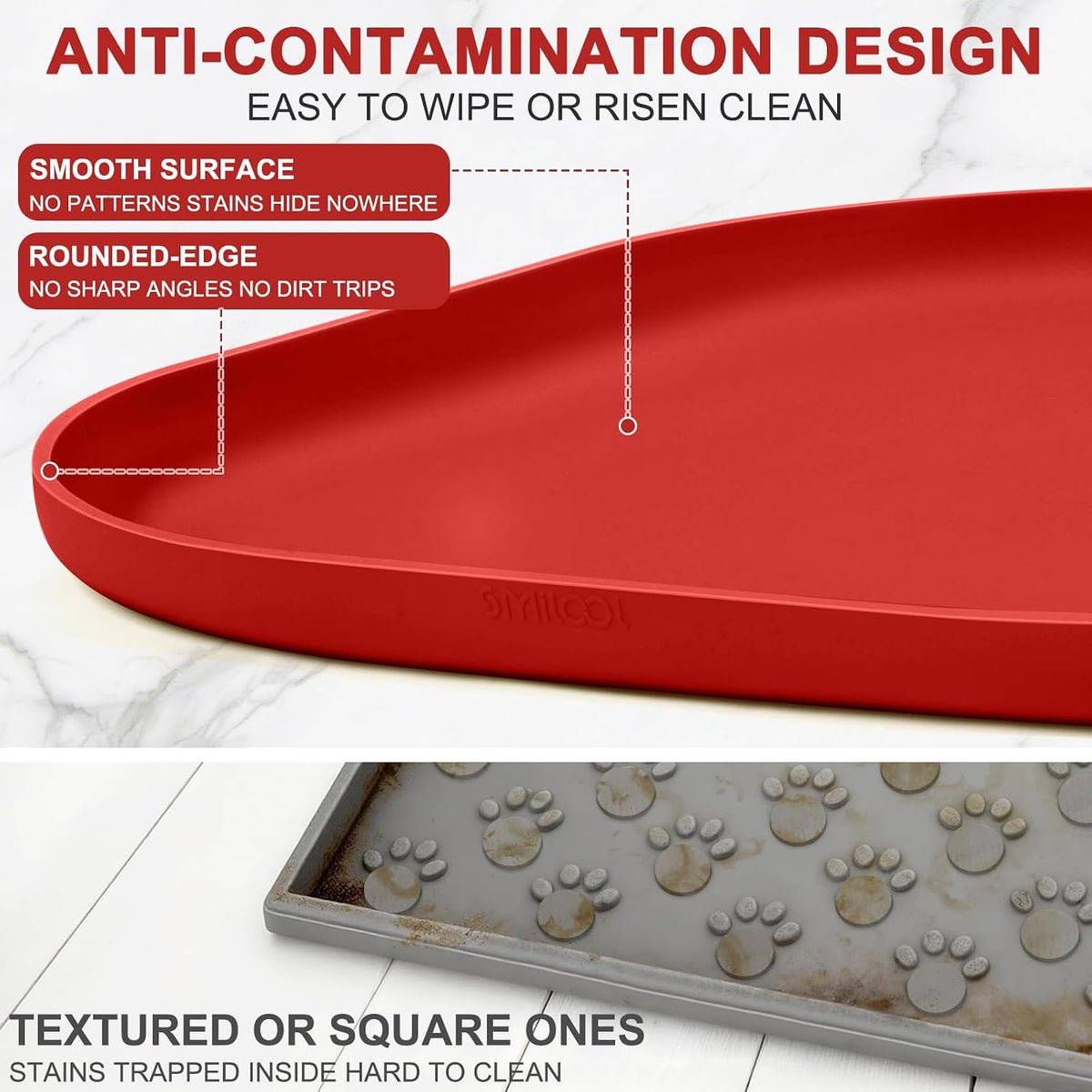 SMILOOL Waterproof Silicone Pet Food Mat with Raised Edge for Dog - Red / 12"L x 12"W - image 4