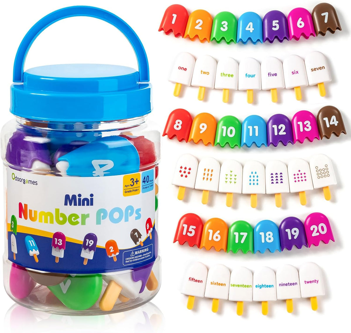 Odoorgames number matching toy, plastic popsicles numbered 1-20 in 7 colors - view 2
