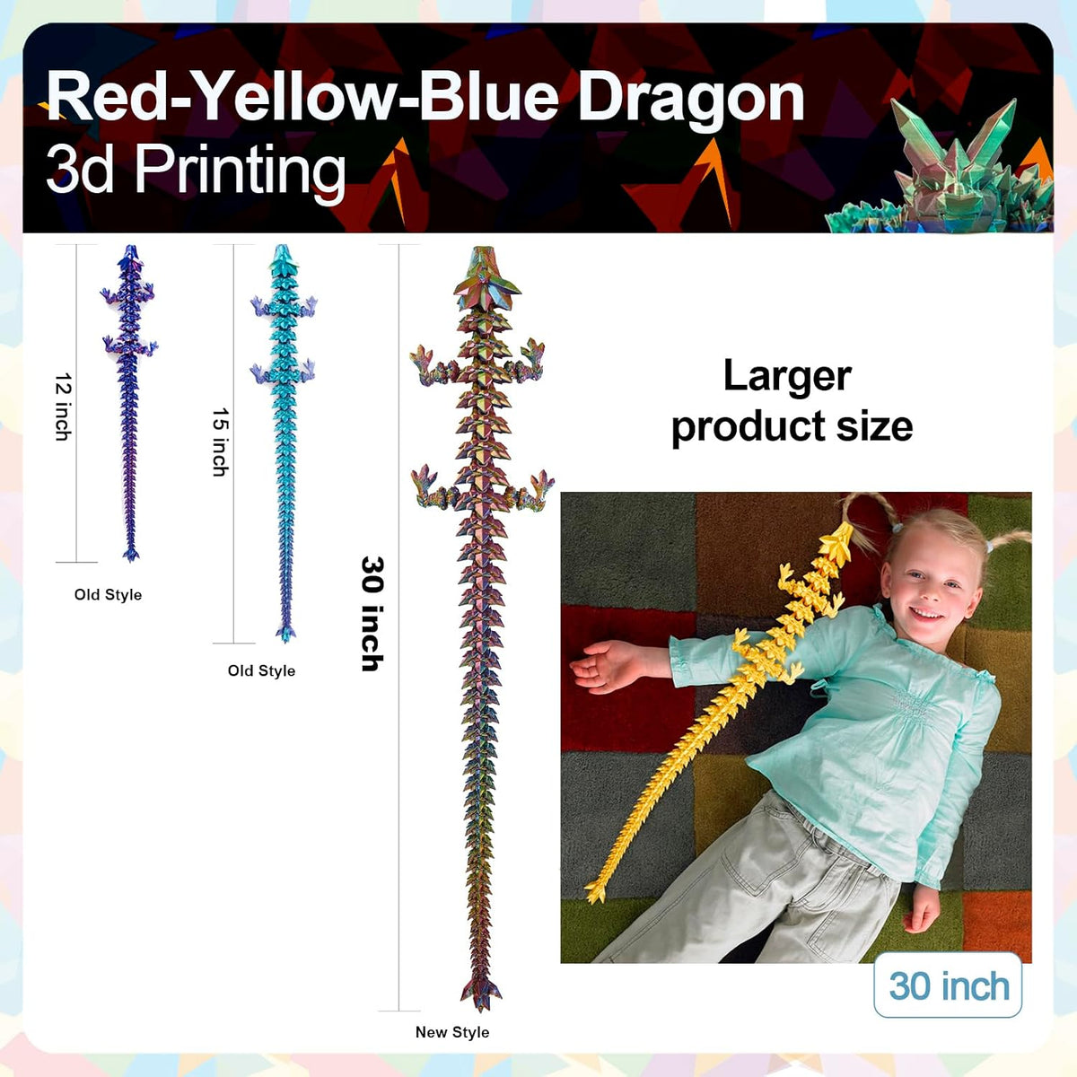 3D Printed Dragon 24 Inch - Yellow Red Blue / 30in - image 3