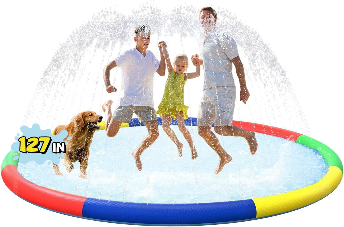 ODOSOLA large non-slip kids splash pad spraying water on a backyard lawn - view 3