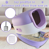 Large Cat Litter Box with Cat Litter Scoop, Foldable Litter Box with Lid, Front Entry and Exit Leak-Proof Litter Cat Box, Odor Control, Easy to Clean (Purple)