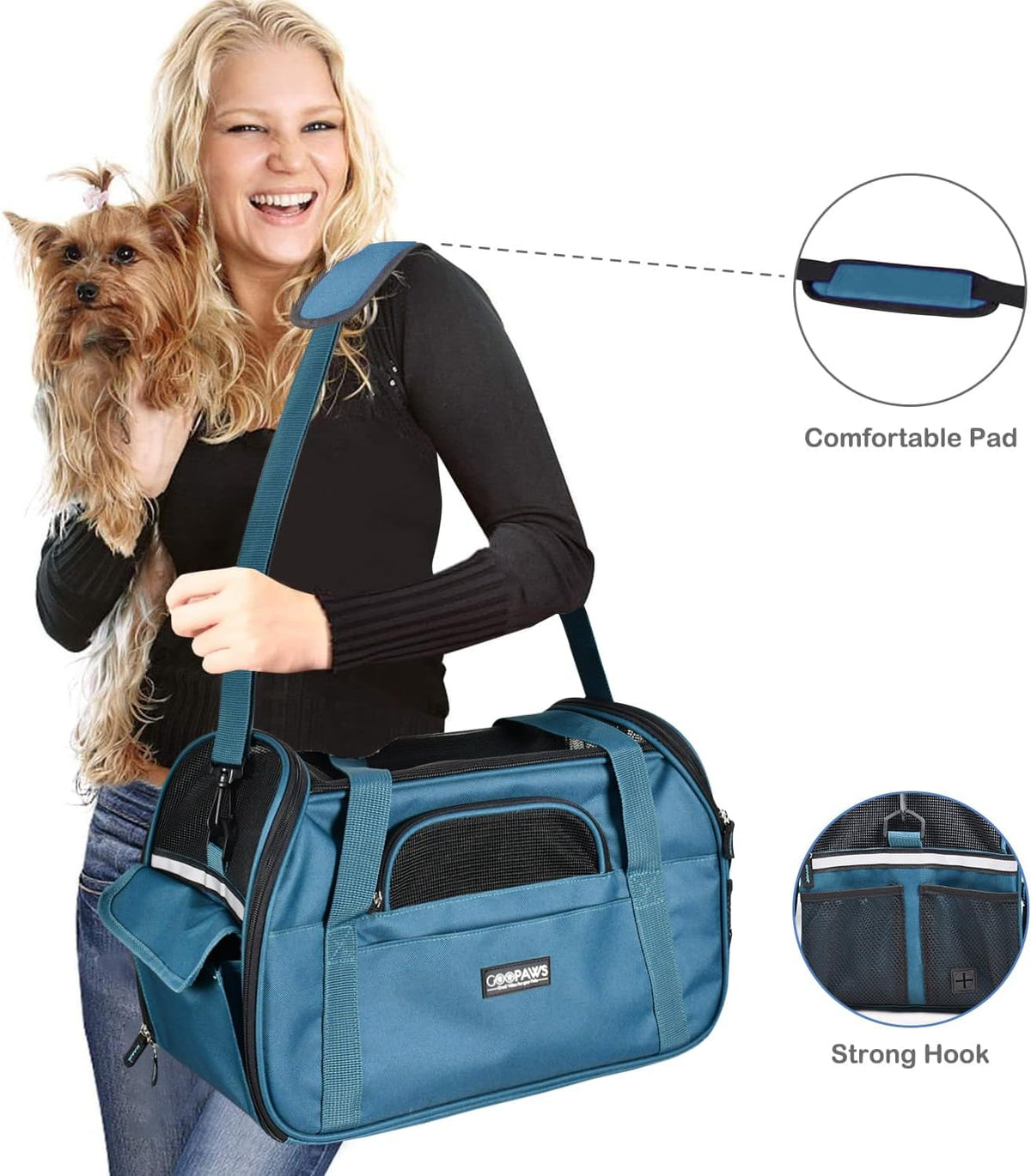 JESPET Soft-Sided Airline-Approved Dog & Cat Carrier Travel Bag – Essentials for Cats - 19.0"L x 10.0"W x 13.0"H / Teal Blue - image 3
