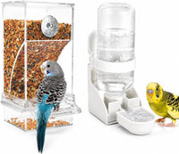 No-Mess Automatic Bird Feeder, Parakeet Cage Accessories – Essentials for Birds - White Feeder + Drinking Bottle