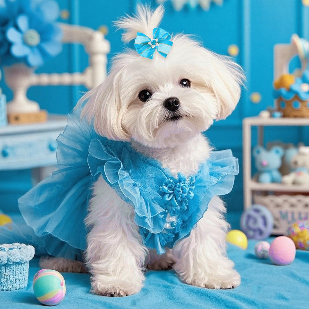 20PCS Cute Dog Hair Bows with Rubber Bands Handmade Mix Style - Sky Blue / Lovely Pattern - image 3