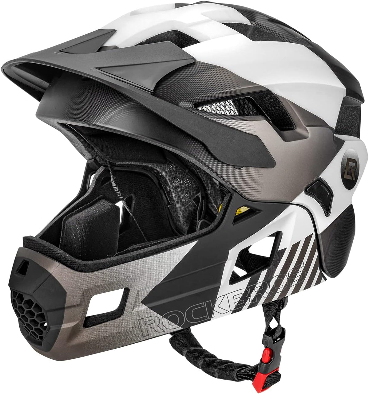 ROCKBROS Kids Full Face Bike Helmet Lightweight Detachable MTB Helmet – Fun for Kids & Family - Silver Black White / Medium