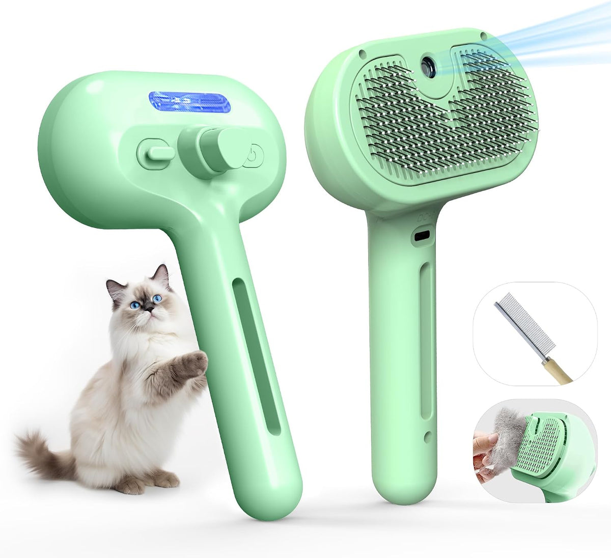 Pet Grooming Brush with Electronic Mist Spray - Green