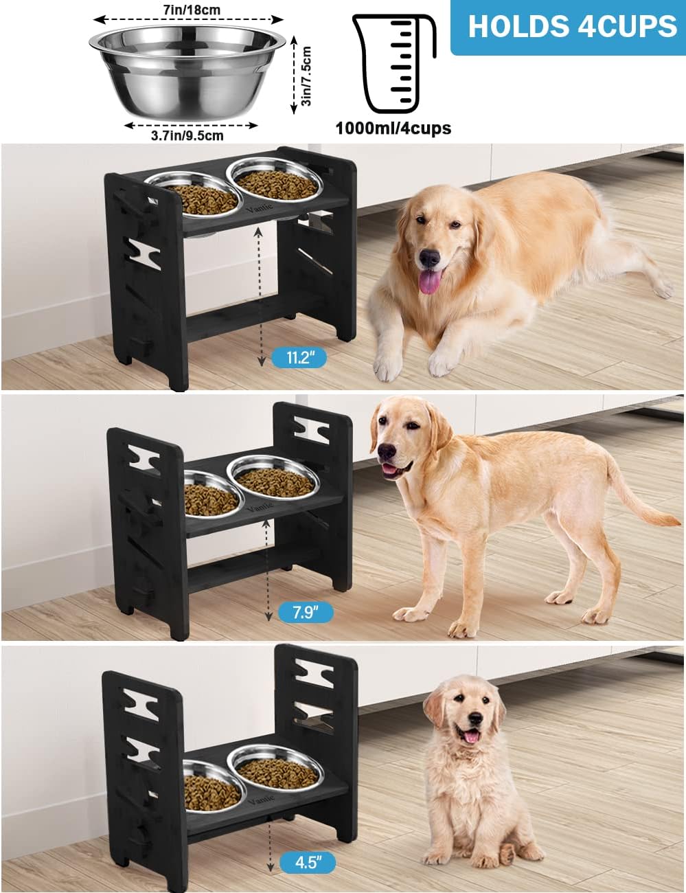 Elevated Dog Bowls, Raised Dog Bowl Stand Adjustable Small - Black / Medium / Without Mat - image 2
